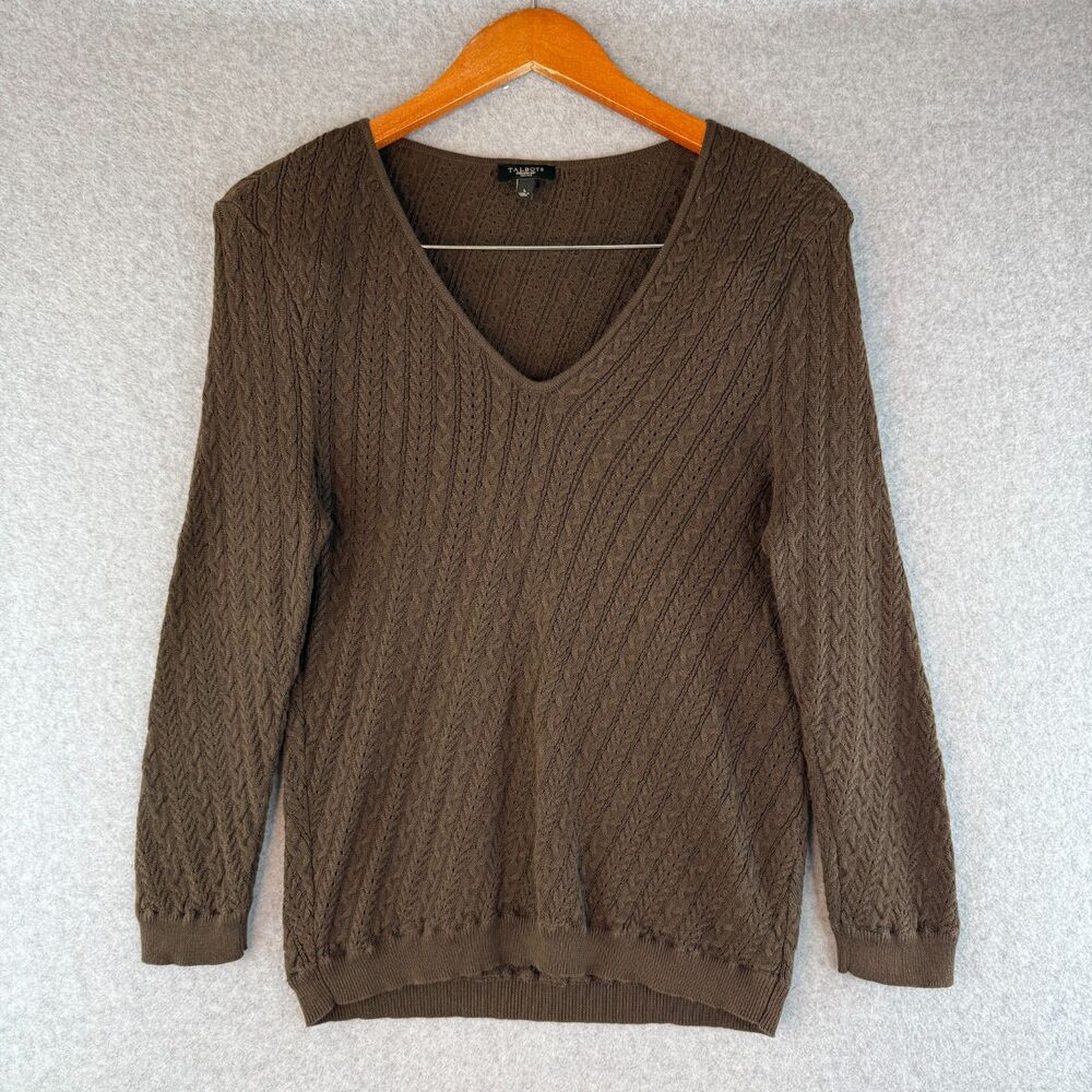 Talbot's Brown Cable Knit V-Neck Sweatshirt 3/4 Sleeve Quiet Luxury/Casual Sz L